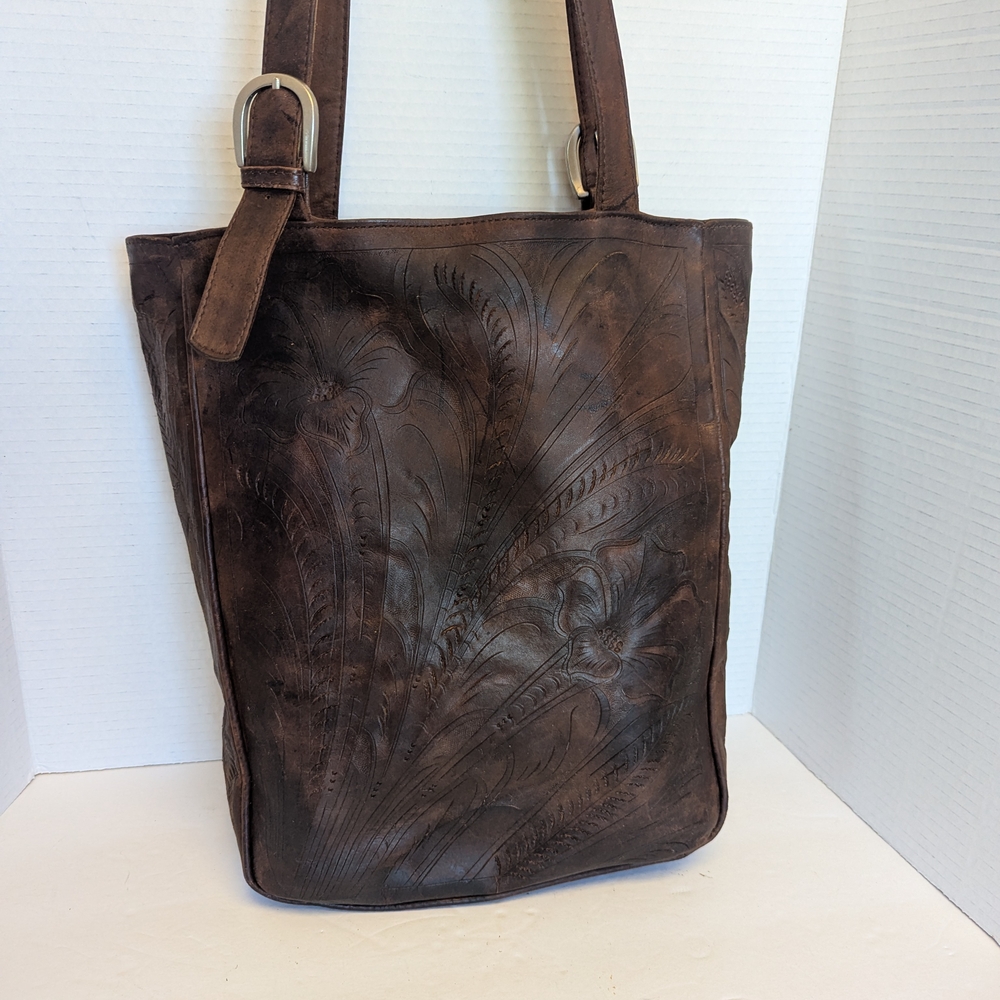 Vintage Distressed Brown Hand Tooled Leather Tote Bag For Her 13x11x4"